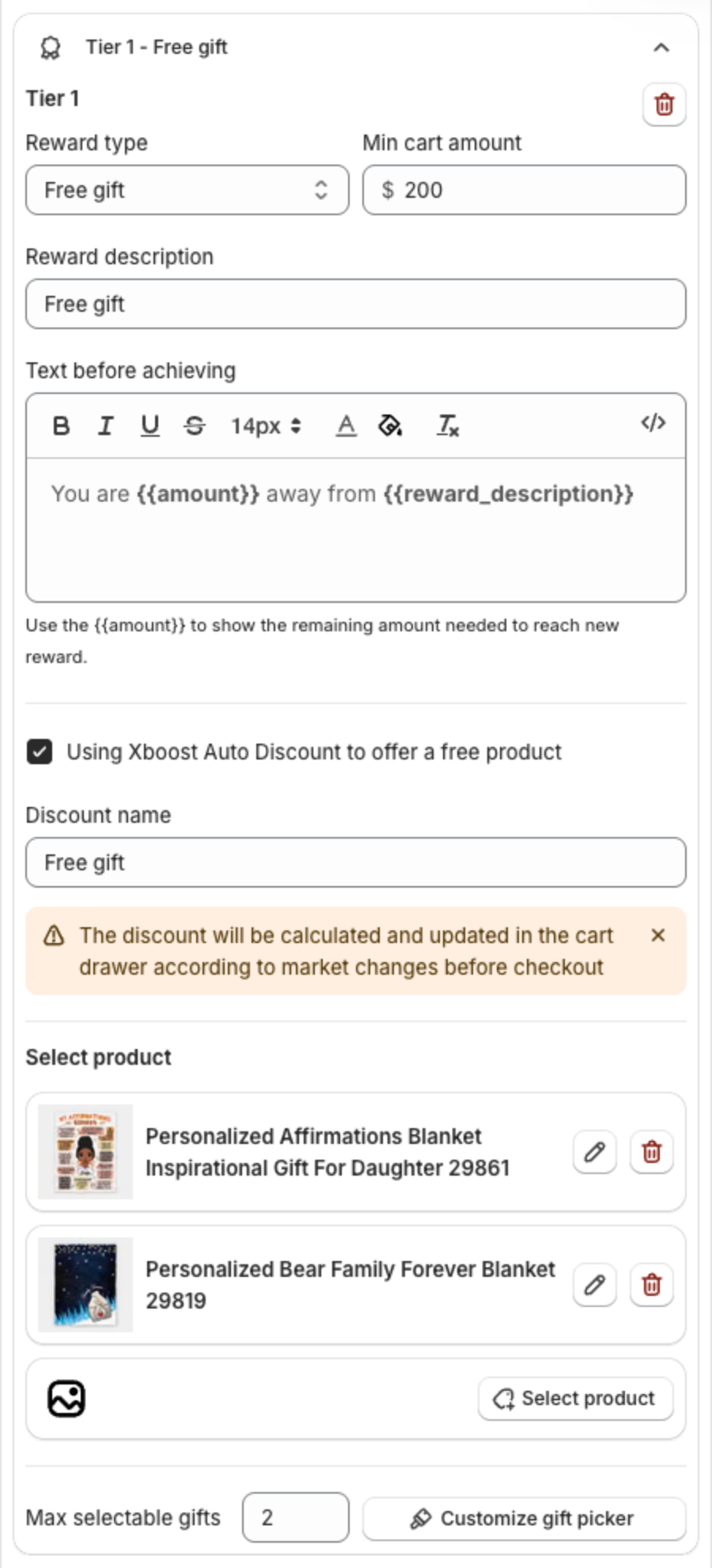 Free gift tier with Min cart amount, Reward description, Text before achieving, Using Xboost Auto Discount to offer a free product, Discount name, two gift products, Max selectable gifts 2 and the Customize gift picker button