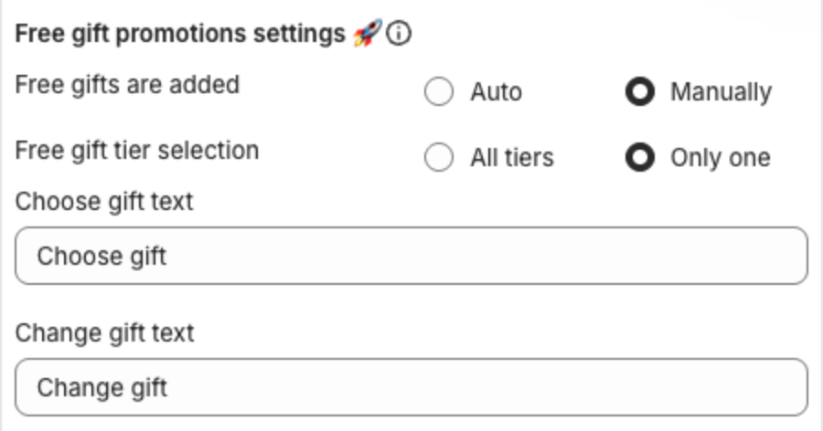 Free gift promotions settings with Free gifts are added set to Manually, Free gift tier selection set to Only one, Choose gift text and Change gift text