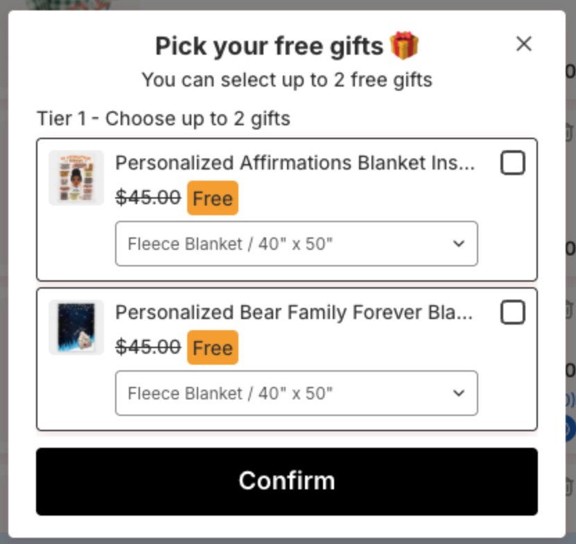 Pick your free gifts popup: You can select up to 2 free gifts, two gift products with Free tags and variant dropdowns, and the Confirm button