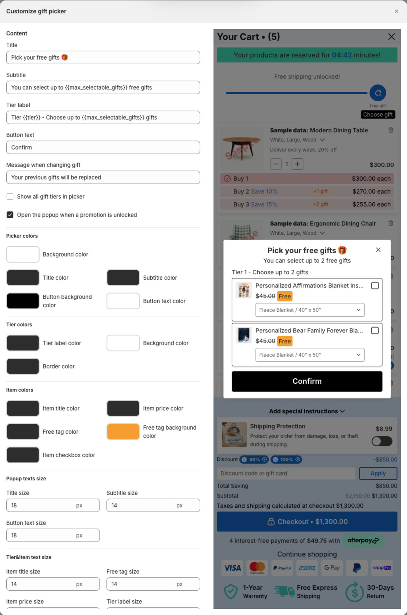 Customize gift picker window with Content, Picker colors, Tier colors, Item colors and text sizes, and the preview of the Pick your free gifts popup