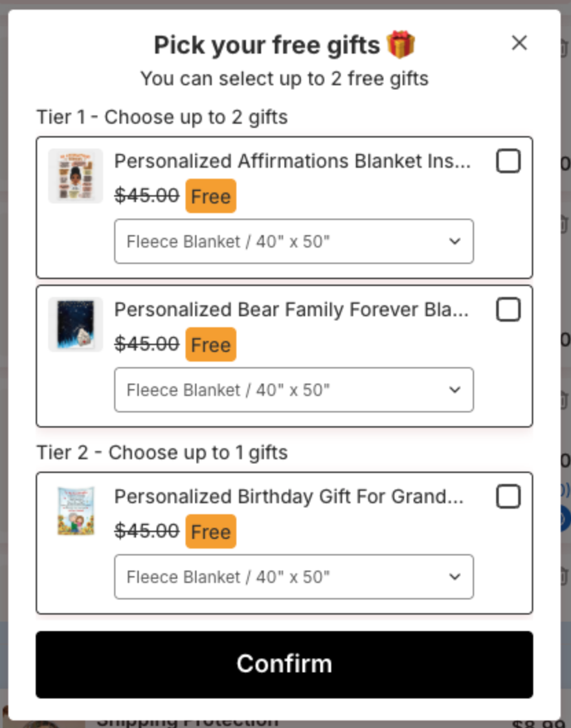 Gift picker with Tier 1 - Choose up to 2 gifts and Tier 2 - Choose up to 1 gifts