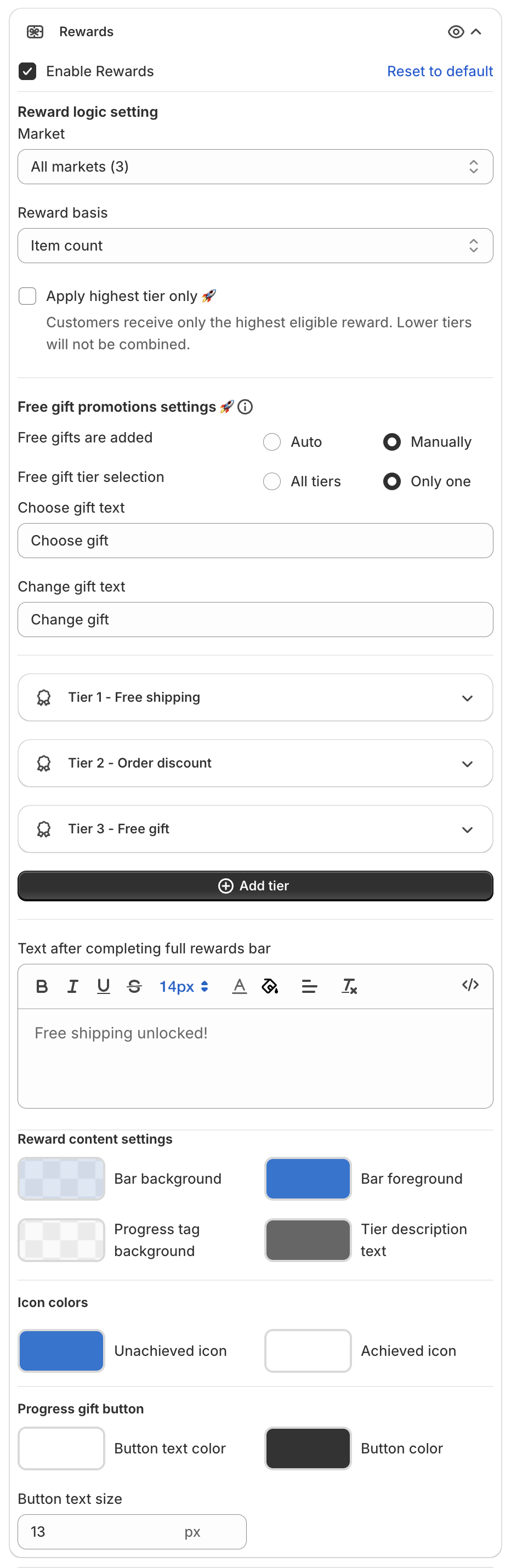 Rewards settings with Reward logic setting, Free gift promotions settings, three tiers, Add tier and Reward content settings
