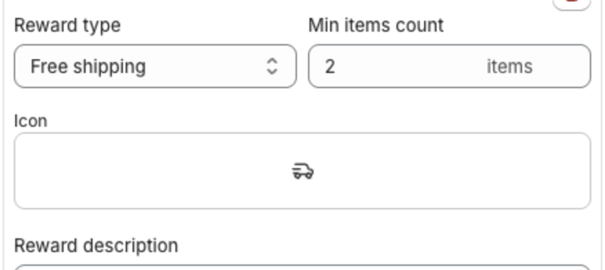 Tier settings with Reward type Free shipping, Min items count 2 and the Icon box showing the default truck icon