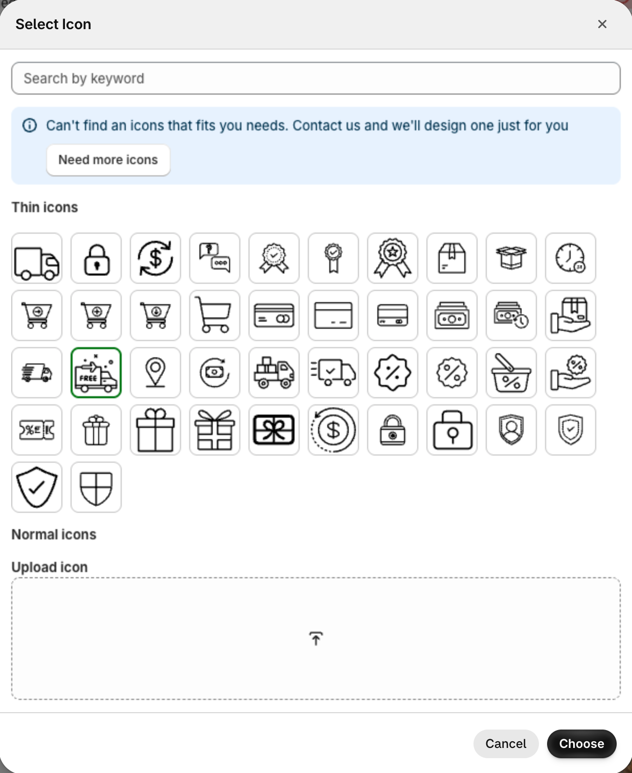 Select Icon window with Search by keyword, the Need more icons banner, Thin icons with the free shipping truck selected, Normal icons and the Upload icon box