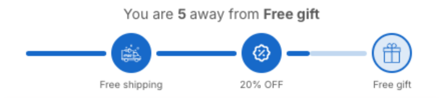 Rewards bar with a free shipping truck icon and a discount icon on reached tiers, and a gift box icon on the tier not yet reached