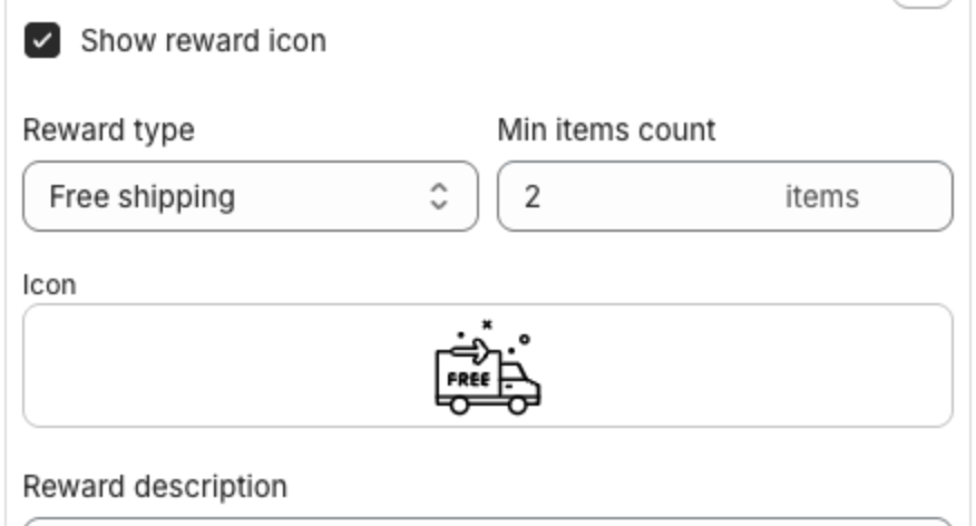 Tier 1 with Show reward icon ticked, Reward type, Min items count and the Icon box