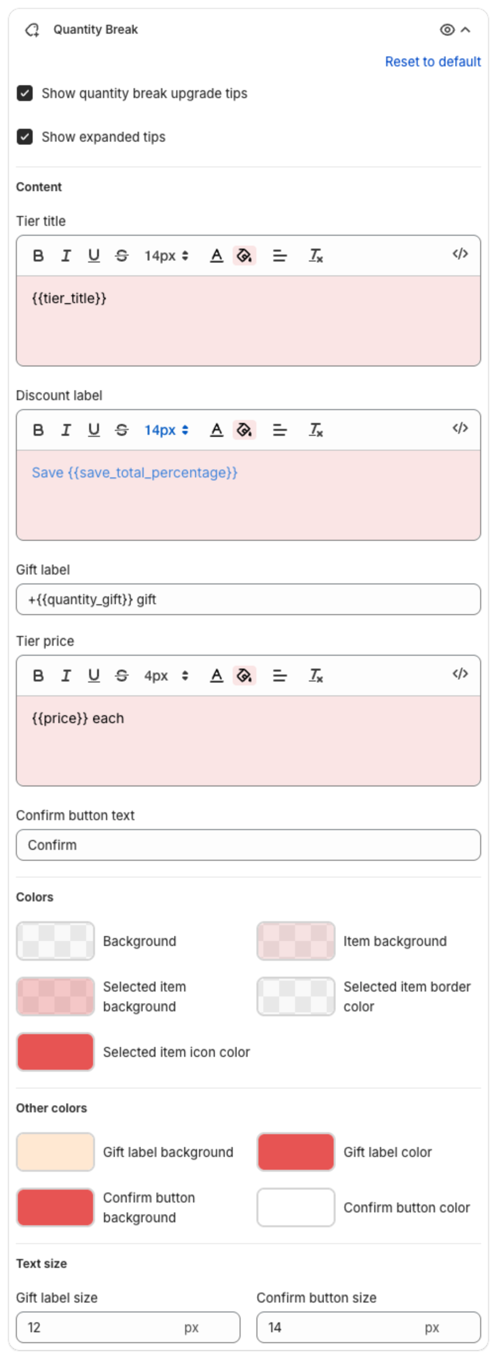 Quantity Break settings with upgrade tips options, Content, Colors and Text size