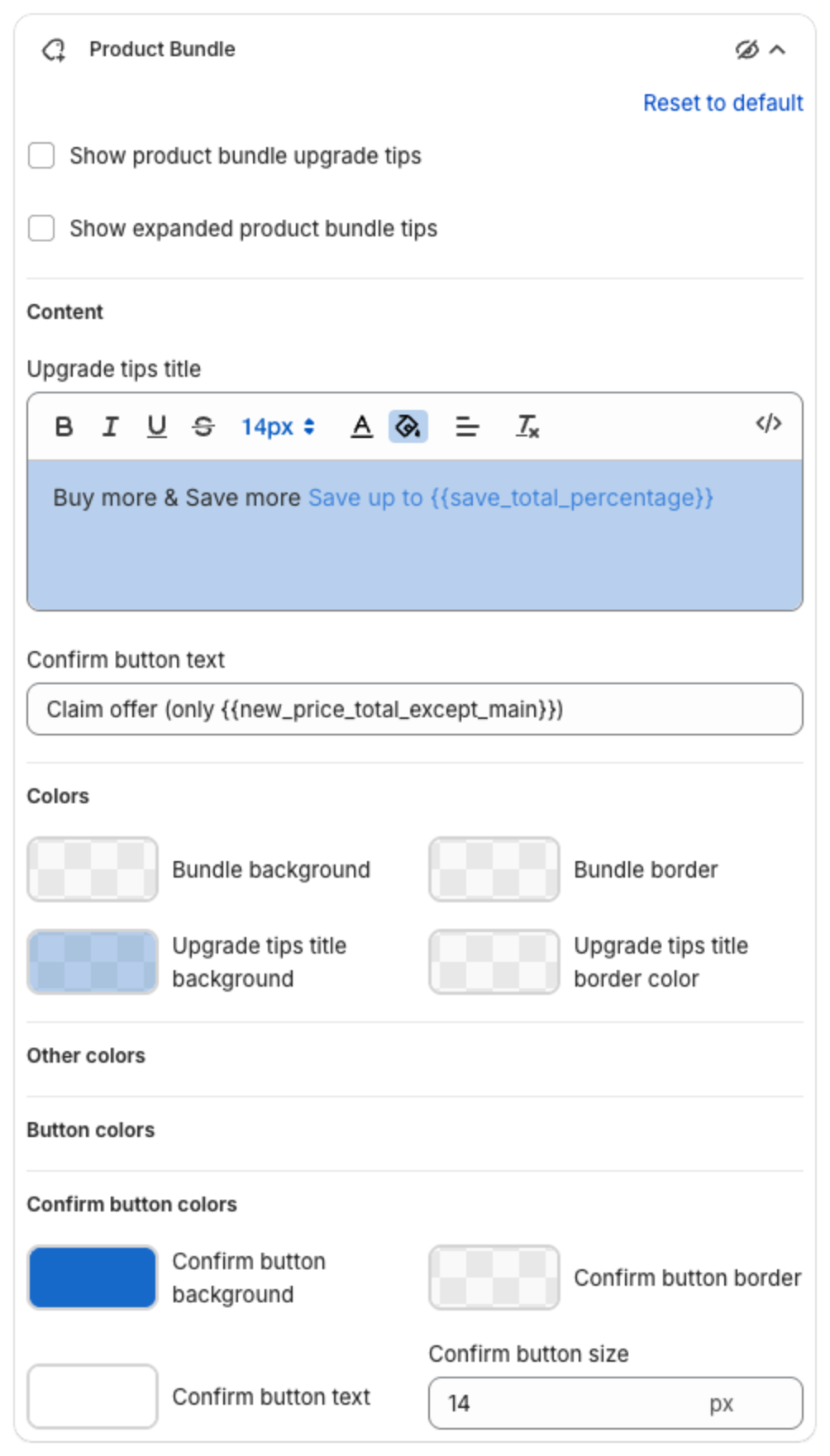 Product Bundle settings with upgrade tips options, Upgrade tips title, Confirm button text and colors