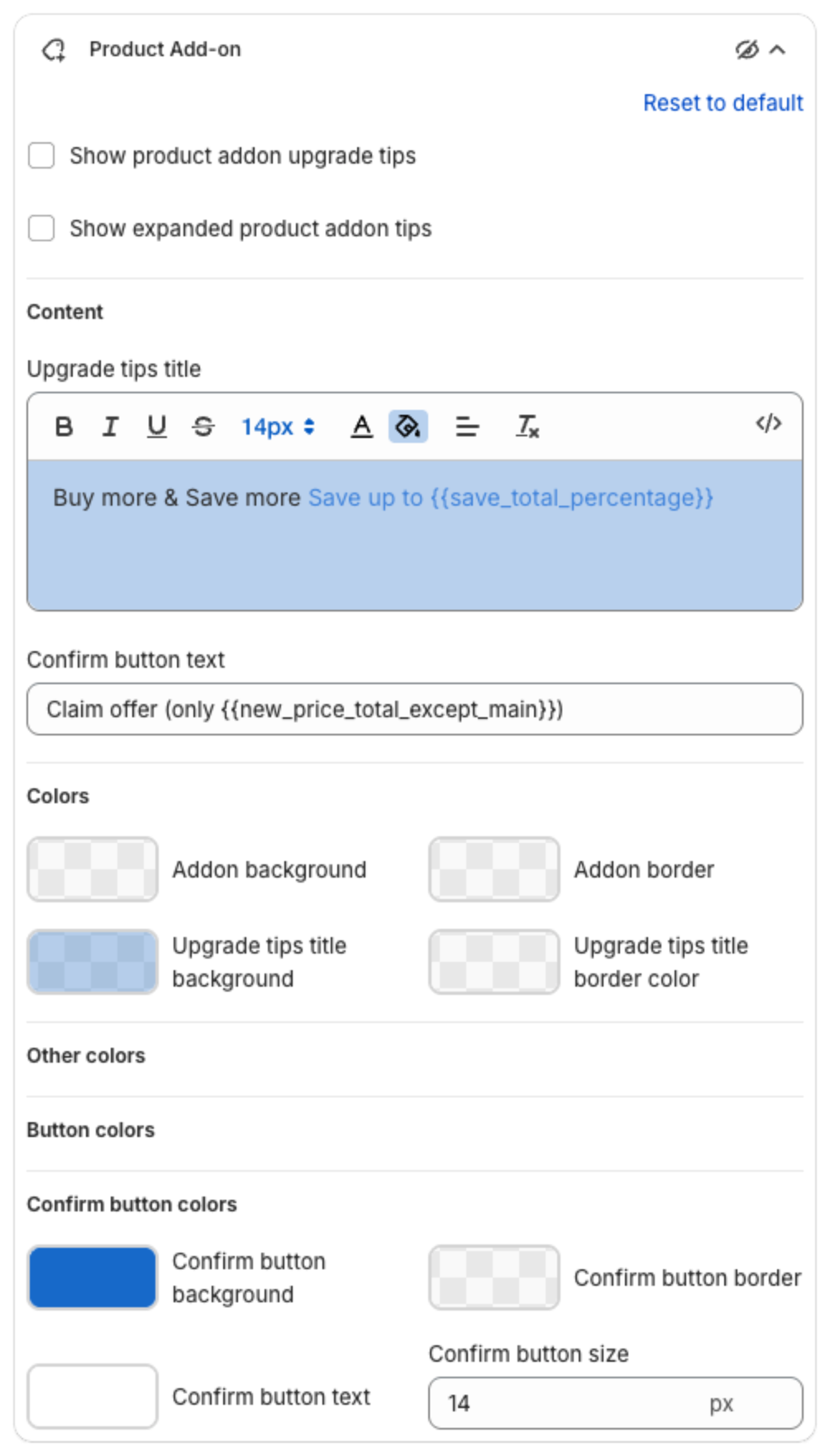 Product Add-on settings with upgrade tips options, Upgrade tips title, Confirm button text and colors