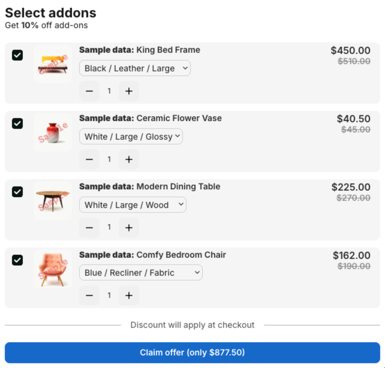 Select addons with four add-on products, checkboxes, quantity and Claim offer (only $877.50)