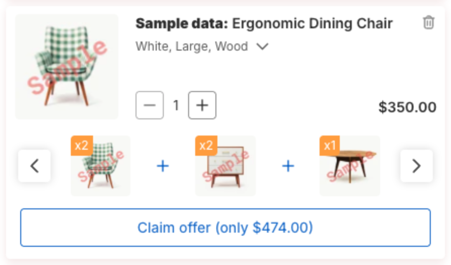 A cart item with the expanded bundle: product slider and Claim offer (only $474.00)