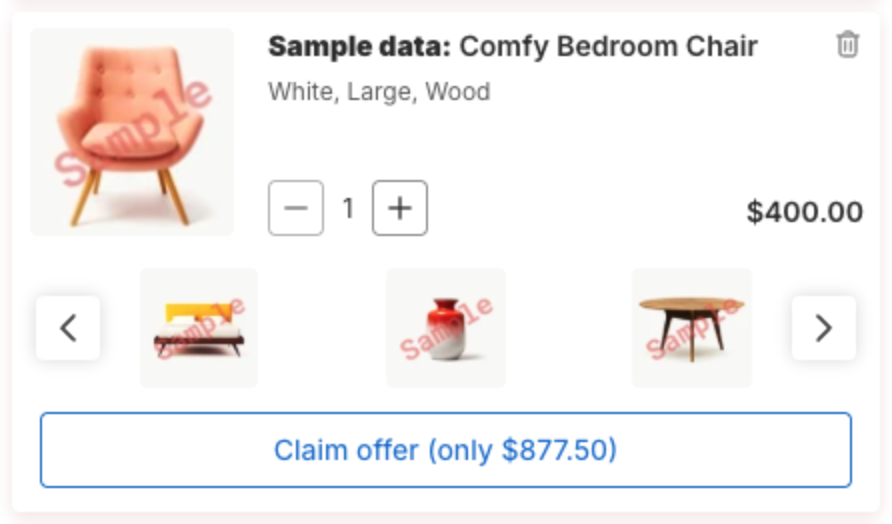 A cart item with the expanded add-ons: product slider and Claim offer (only $877.50)