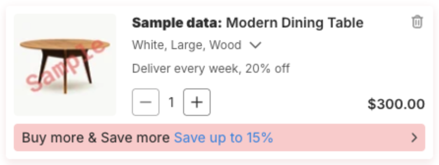 A cart item with the tip Buy more & Save more Save up to 15% and an arrow