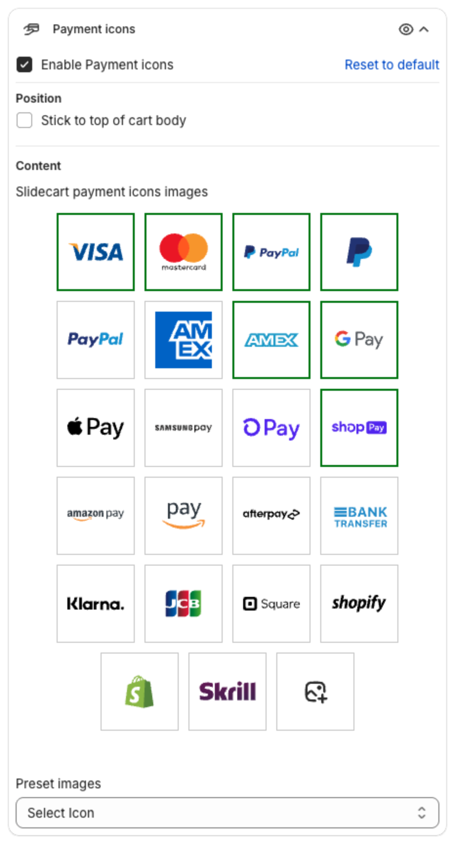 Payment icons settings with Enable Payment icons, Position, Preset images and Select Icon