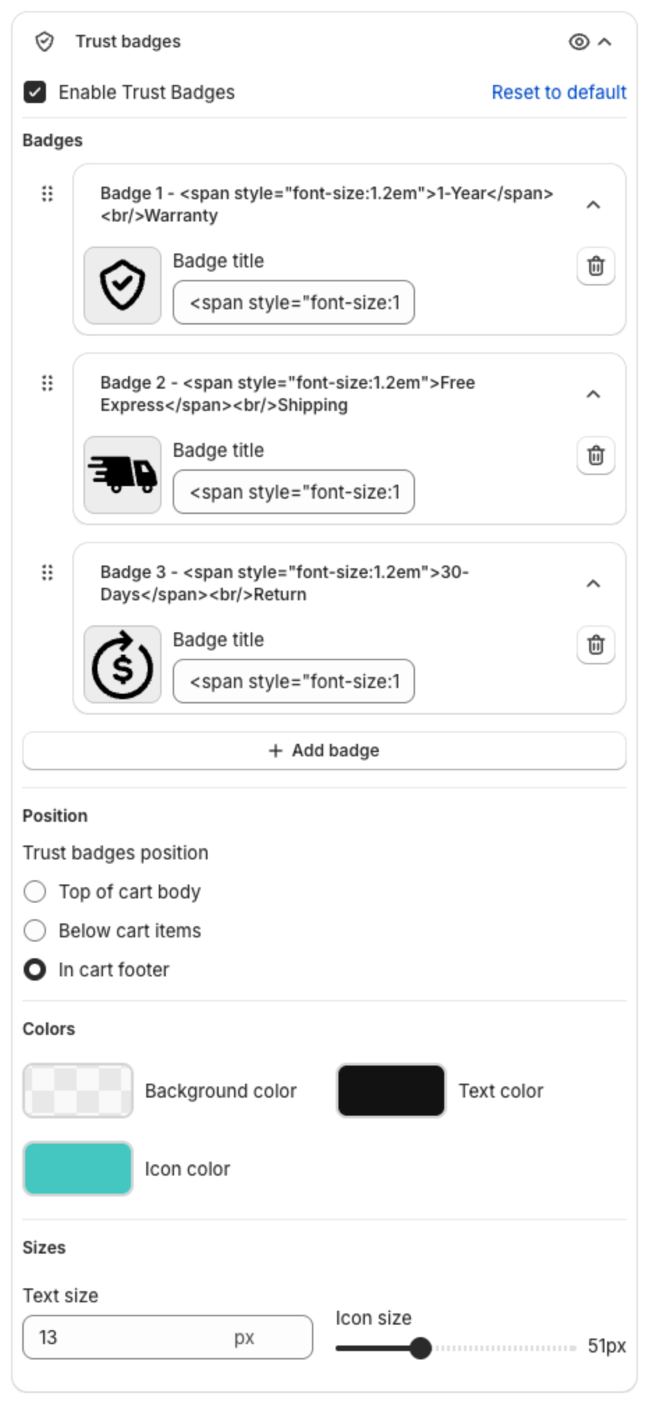 Trust badges settings with three badges, Add badge, Trust badges position, Colors and Sizes