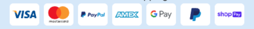 Payment icons in the cart footer: Visa, Mastercard, PayPal, American Express, Google Pay, PayPal and Shop Pay