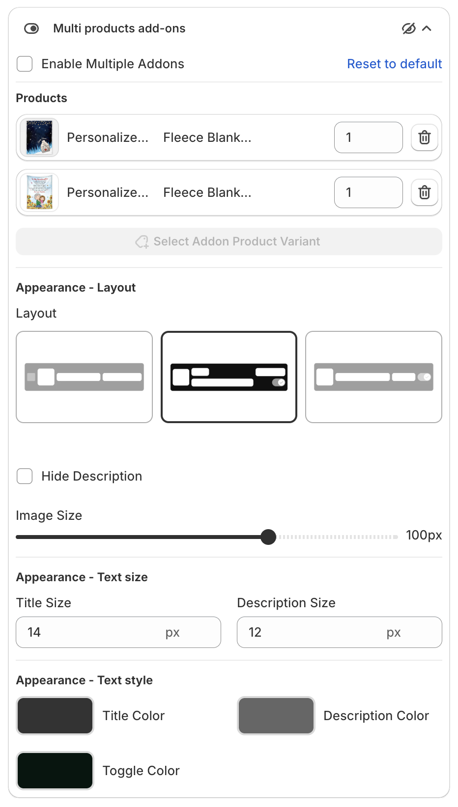 Multi products add-ons settings with Products, Quantity, Select Addon Product Variant, layout, Hide Description, Image Size, text size and text style