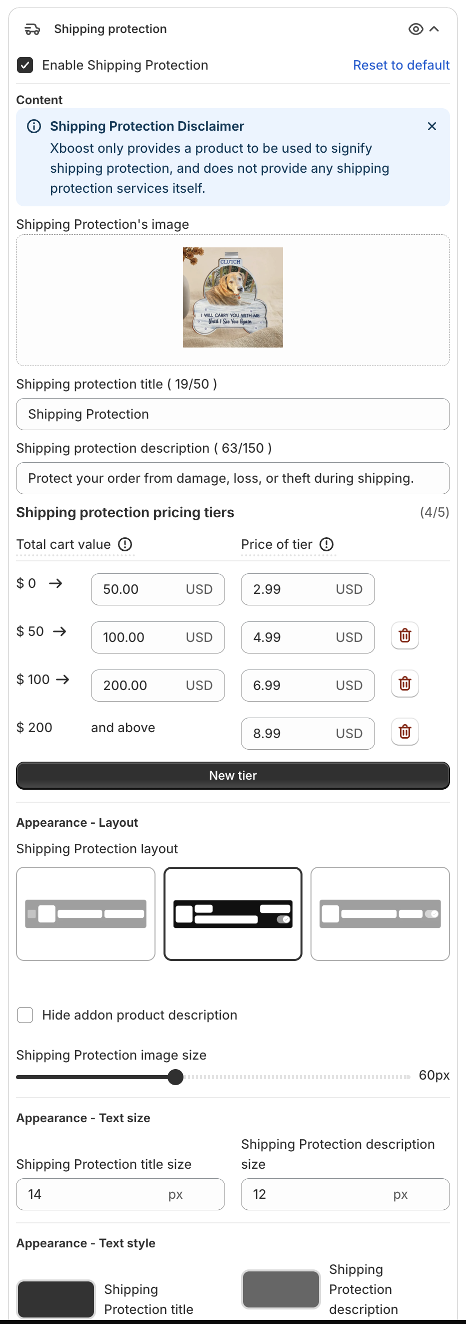 Shipping protection settings with the disclaimer, image, title, description, pricing tiers, layout, text size and text style