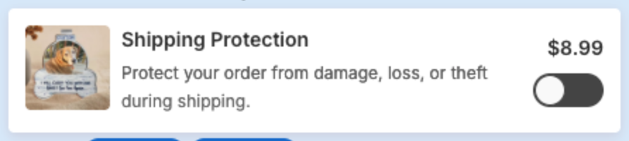 Shipping Protection in the cart footer with the image, title, description, price $8.99 and toggle