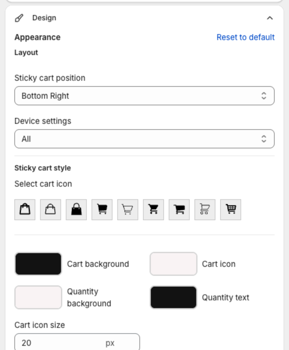 Sticky Cart Design settings with Sticky cart position, Device settings, Select cart icon, colors and Cart icon size