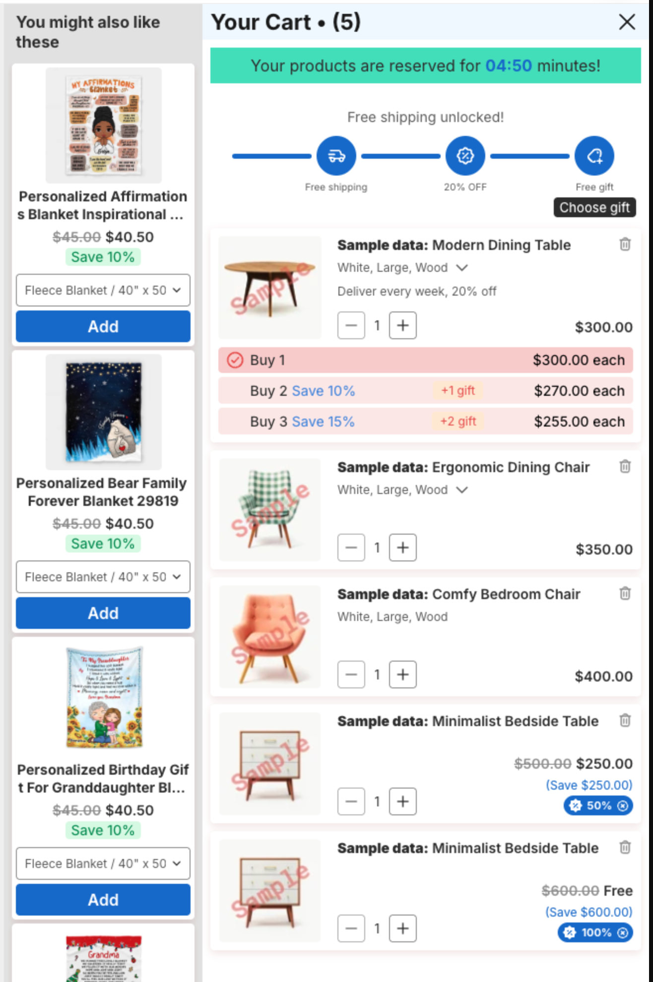 Cart drawer preview with the upsell side bar, the header, the countdown announcement, the rewards bar and the cart items
