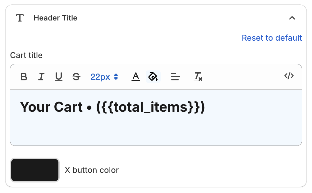 Header Title settings with the Cart title editor and X button color