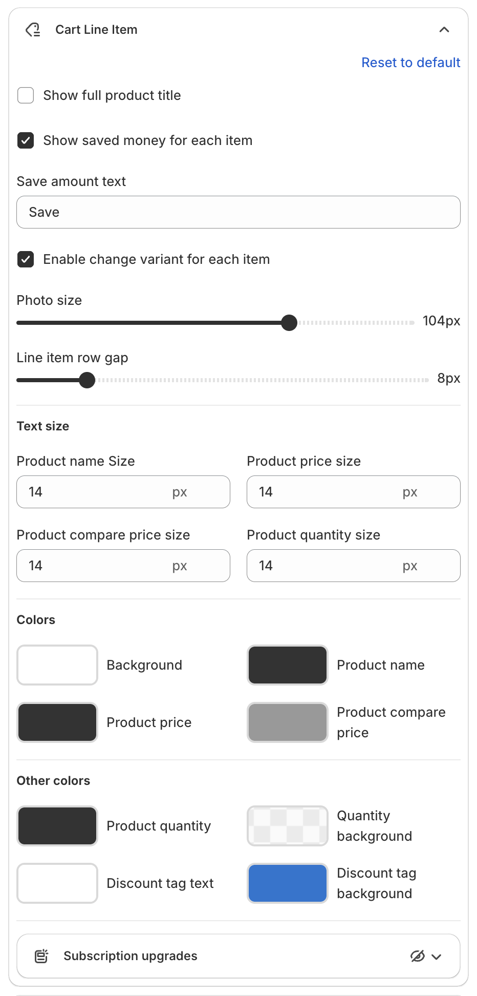 Cart Line Item settings with display options, Photo size, Line item row gap, text sizes and colors