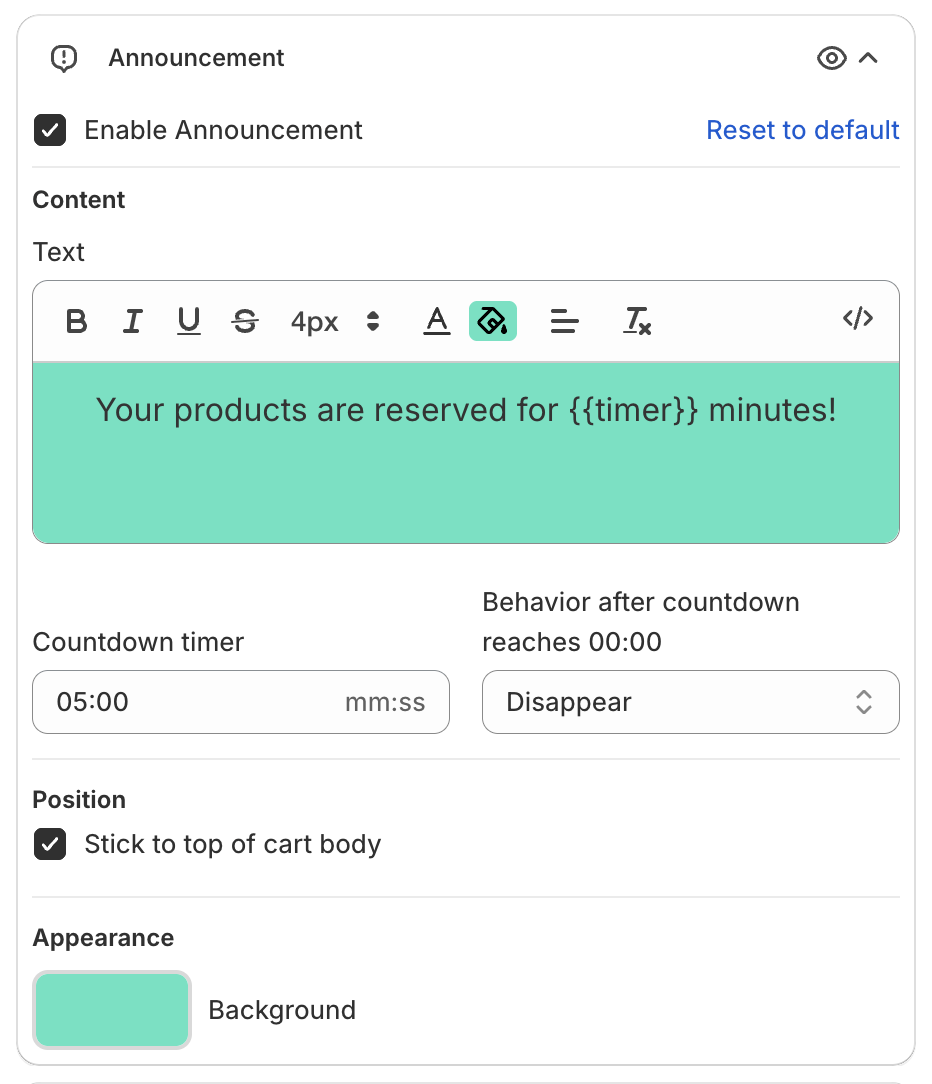 Announcement settings with the Text editor, Countdown timer, Behavior after countdown reaches 00:00, Position and Background