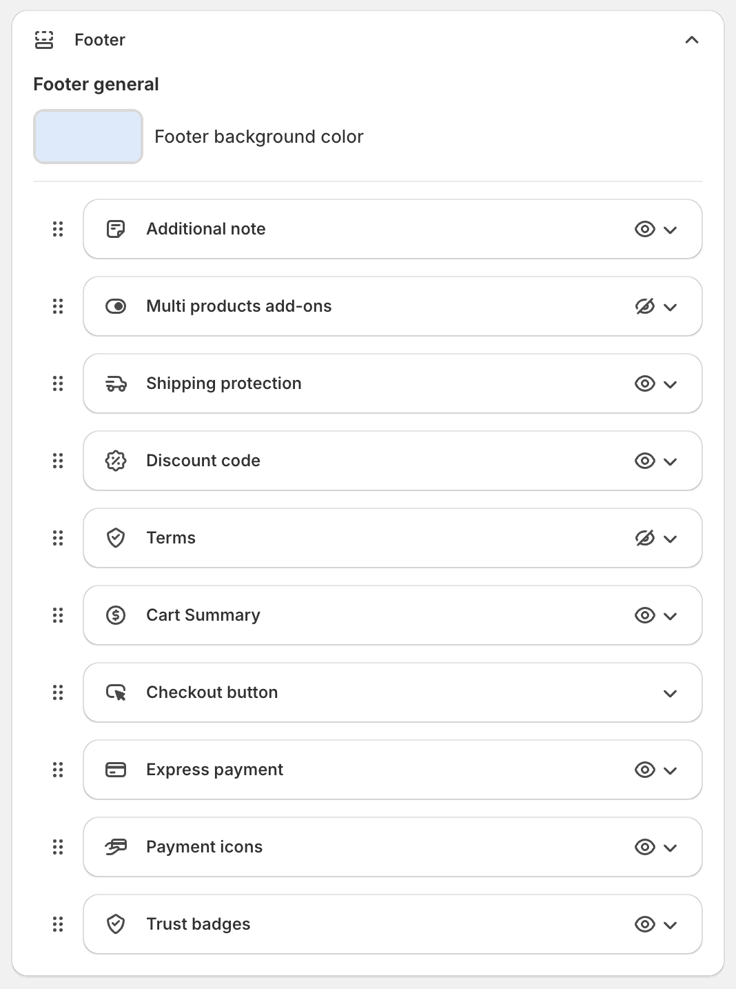 Footer section with Footer background color and the blocks Additional note, Multi products add-ons, Shipping protection, Discount code, Terms, Cart Summary, Checkout button, Express payment, Payment icons and Trust badges