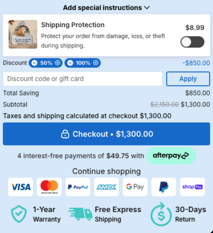 Cart footer with Add special instructions, Shipping Protection, discount code, totals, Checkout button, Continue shopping, payment icons and trust badges