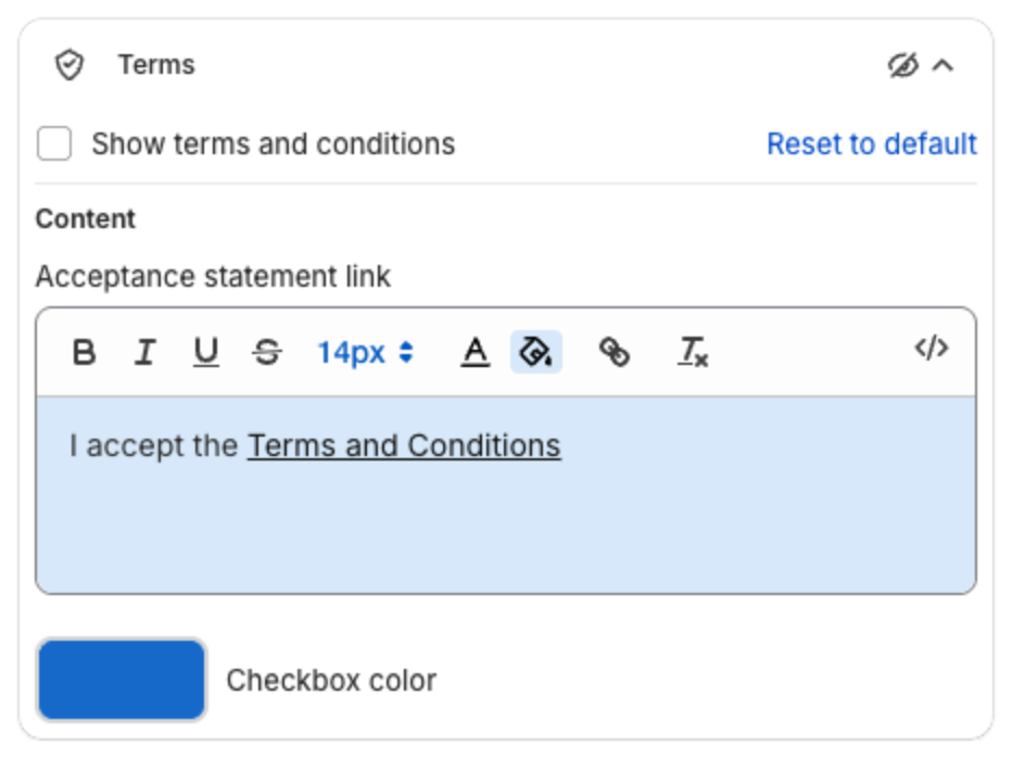 Terms settings with Show terms and conditions, Acceptance statement link and Checkbox color