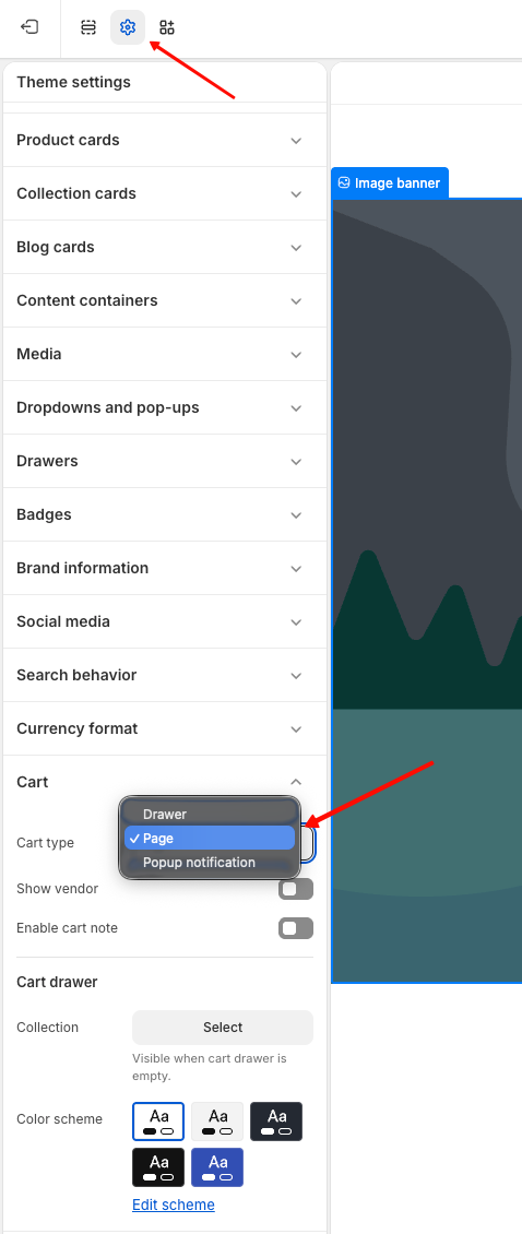 Theme settings with the Cart section open and Cart type set to Page