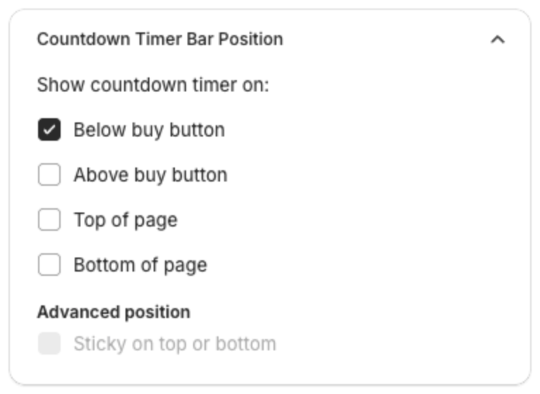 Show countdown timer on: Below buy button, Above buy button, Top of page, Bottom of page, and Sticky on top or bottom