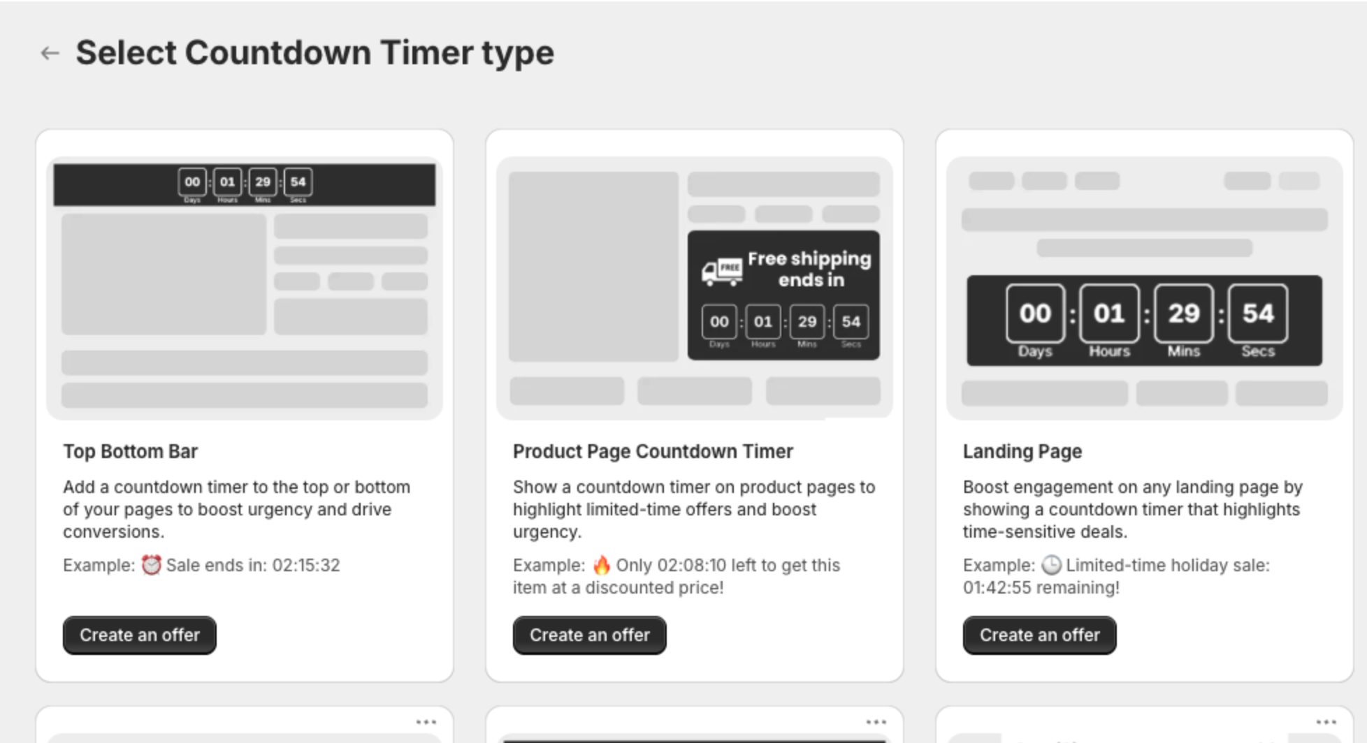 Select Countdown Timer type page with the Top Bottom Bar, Product Page Countdown Timer and Landing Page cards