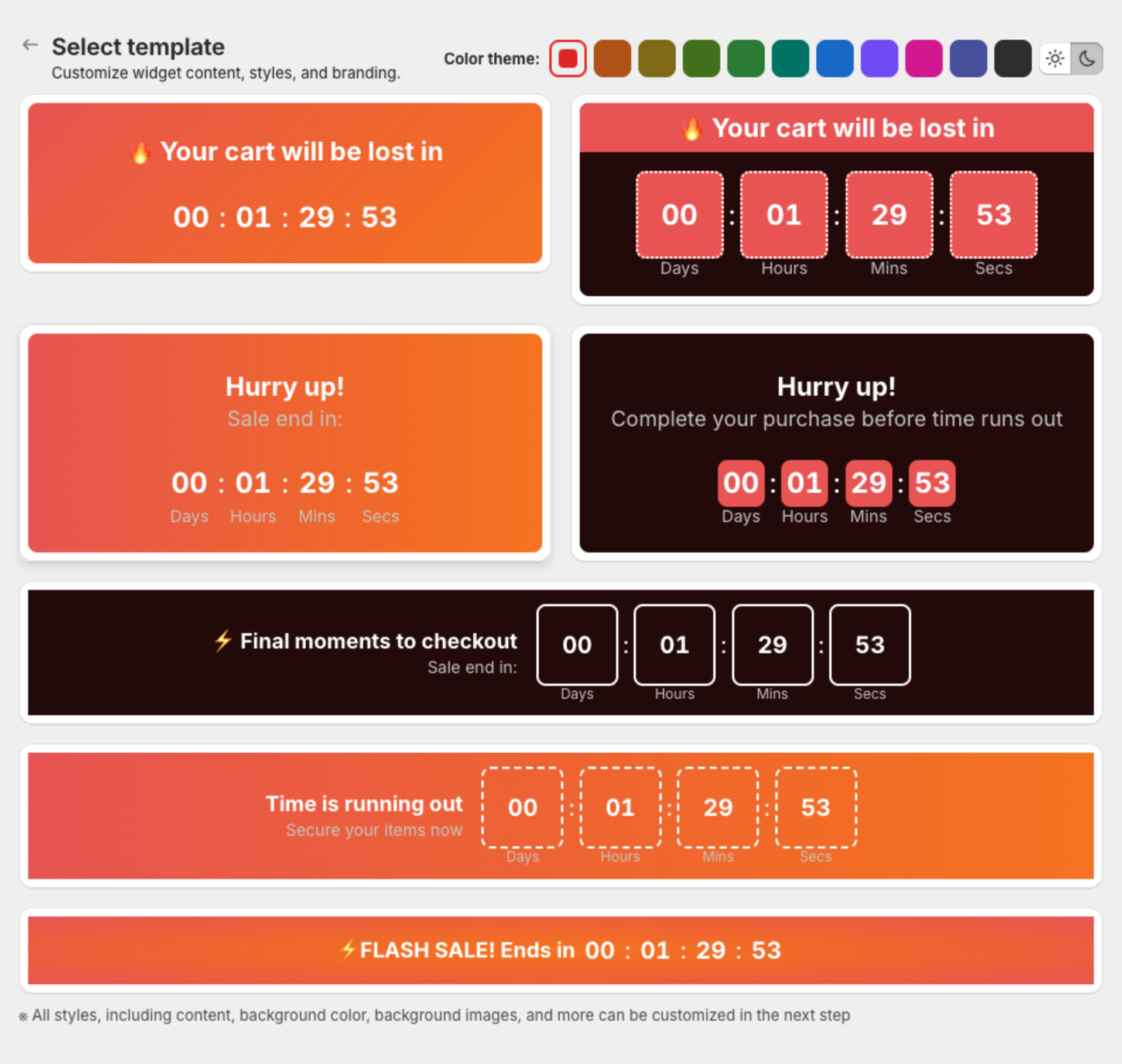 Select template page with the product page countdown templates