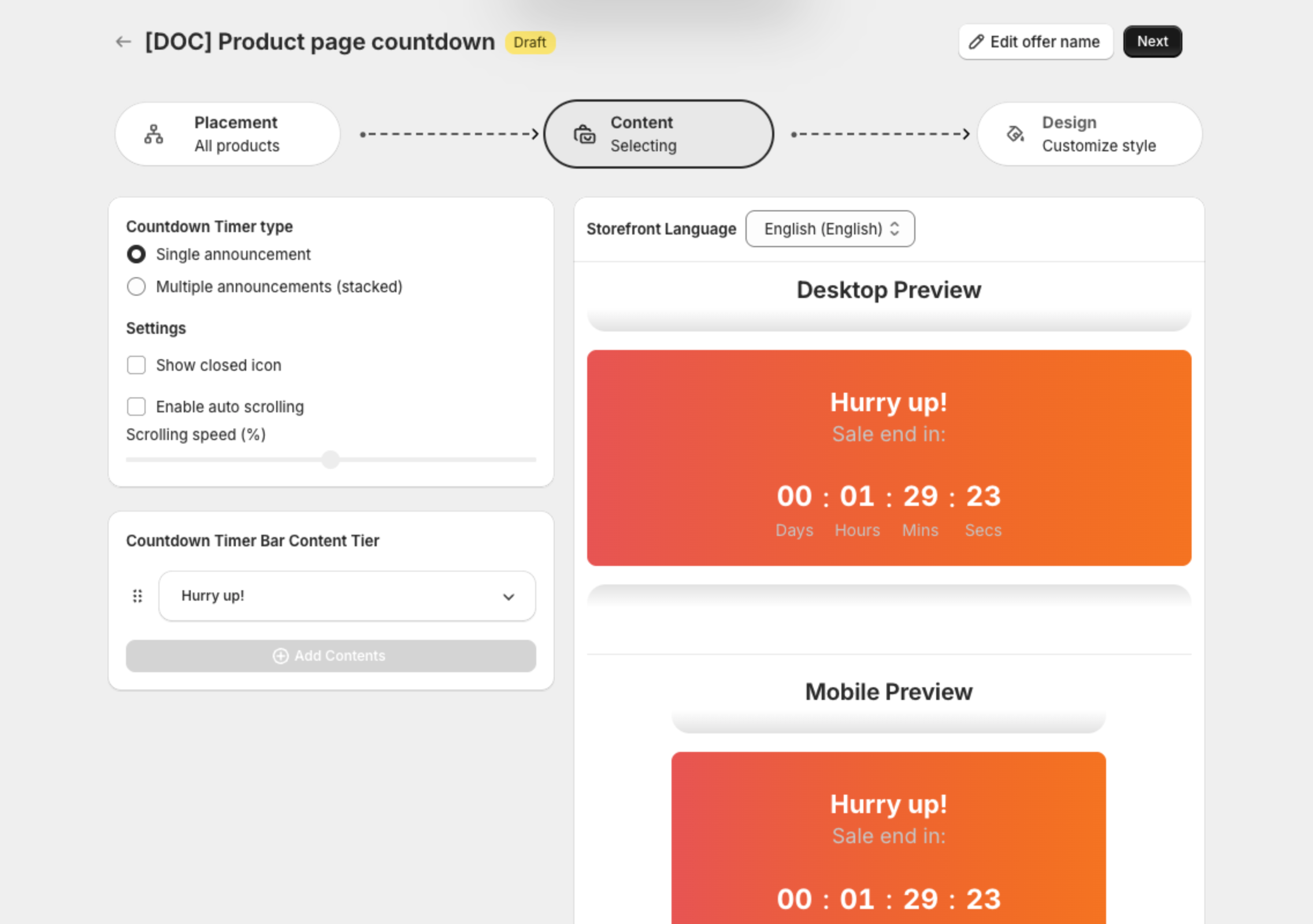 Content step with the countdown timer type and the content tier