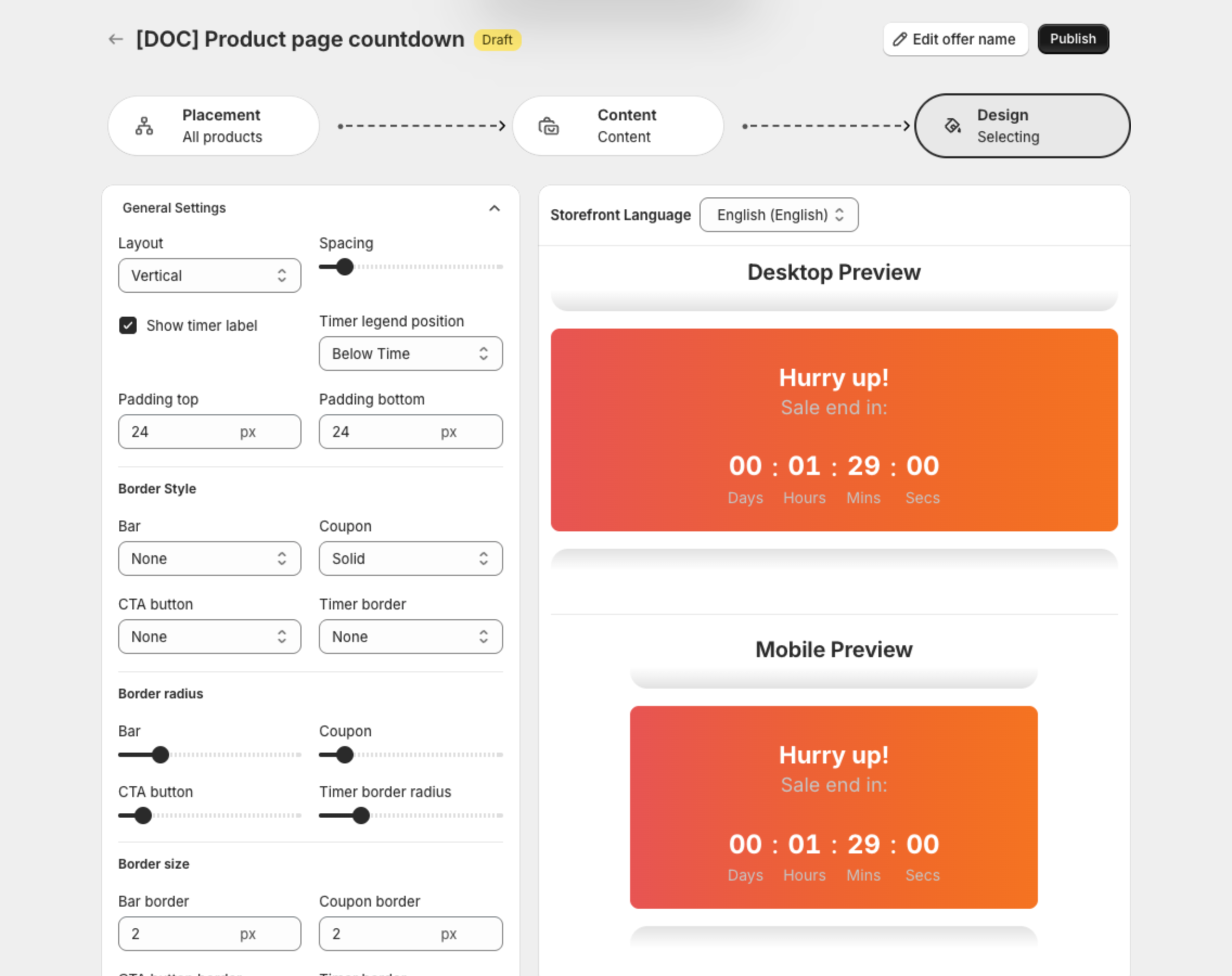 Design step with General Settings and the preview