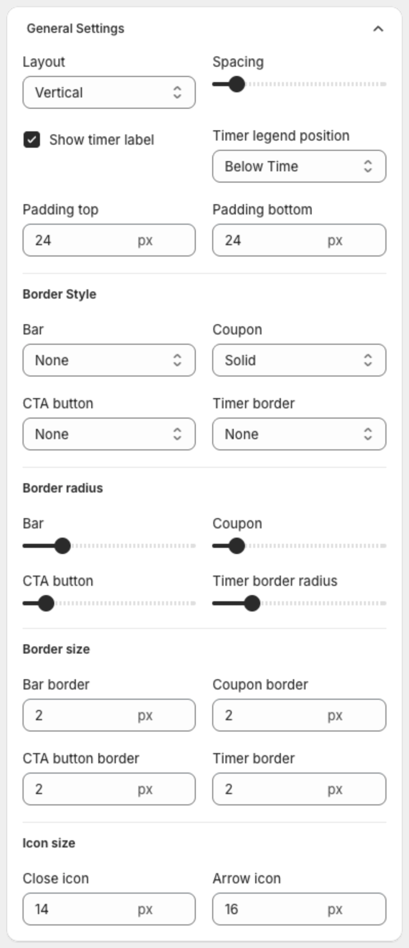 General Settings with Layout, Spacing, timer label options, padding and borders