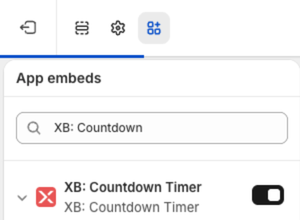 Theme editor App embeds panel with XB: Countdown Timer turned on