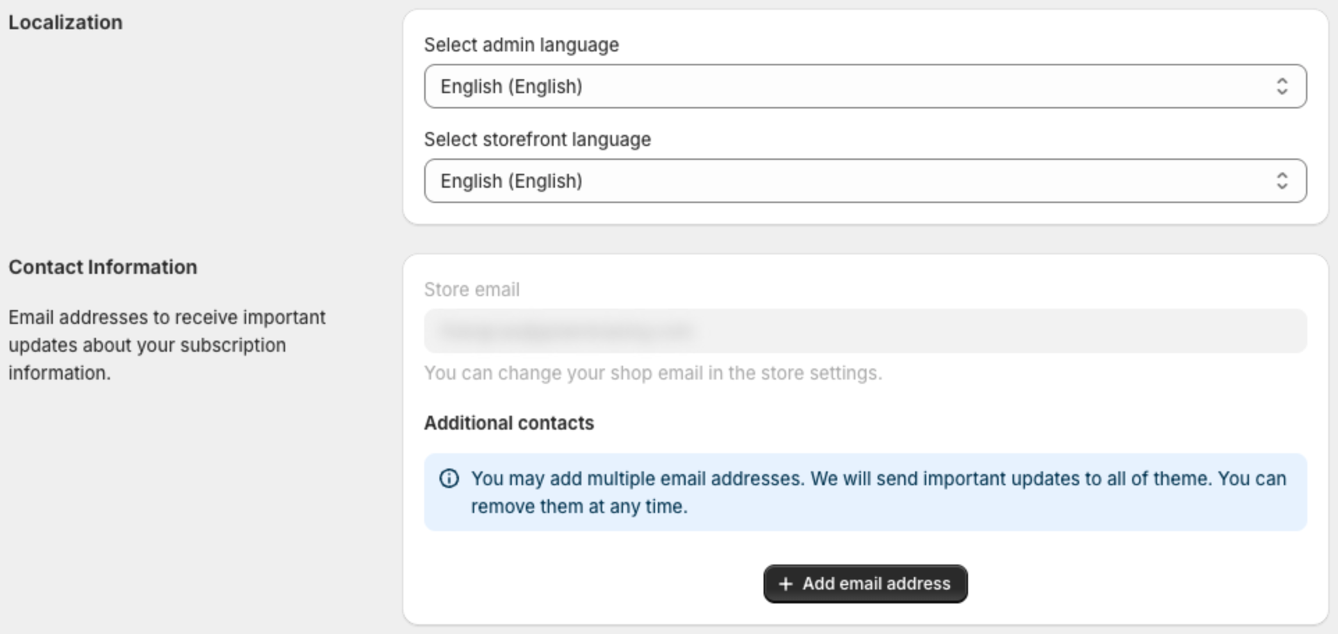 General settings page with the Localization and Contact Information sections