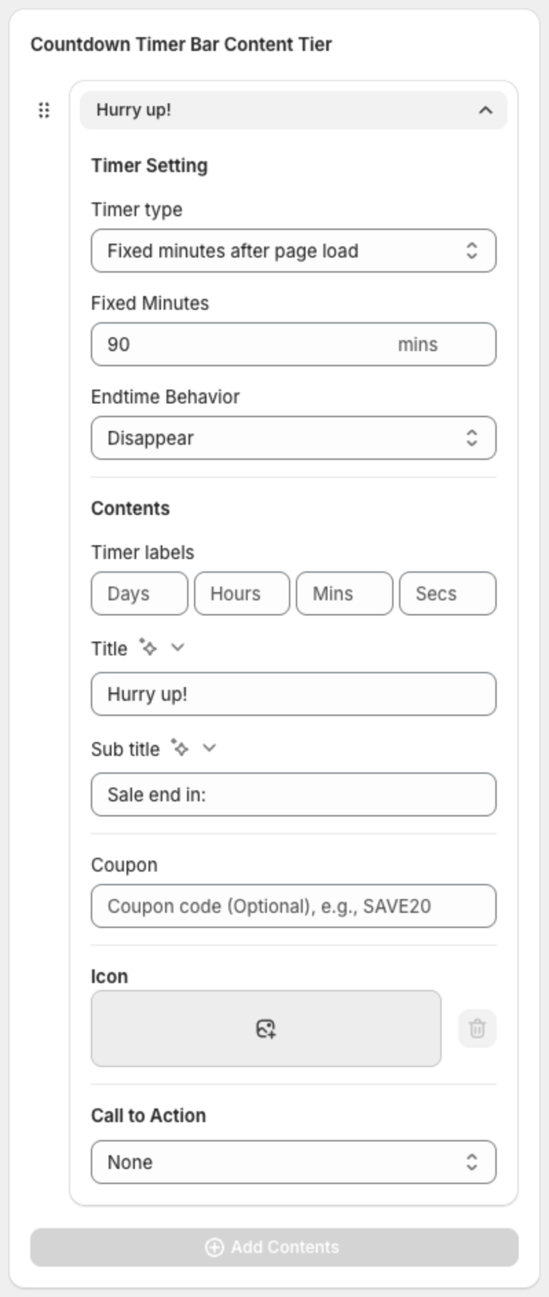 A message open with Timer Setting, Timer type, Fixed Minutes, Endtime Behavior and the content fields