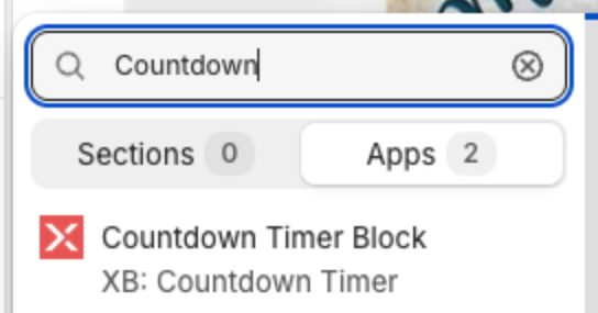 Theme editor Add section panel, Apps tab, with Countdown Timer Block from XB: Countdown Timer