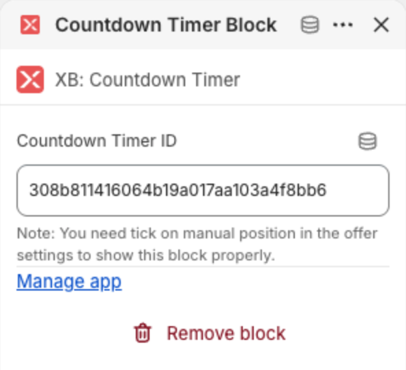 Countdown Timer Block settings with the timer ID in Countdown Timer ID