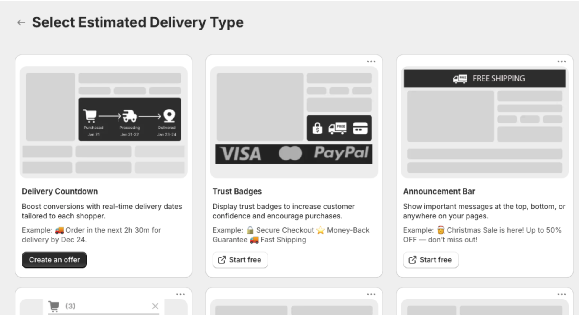 Select Estimated Delivery Type page with the Delivery Countdown card