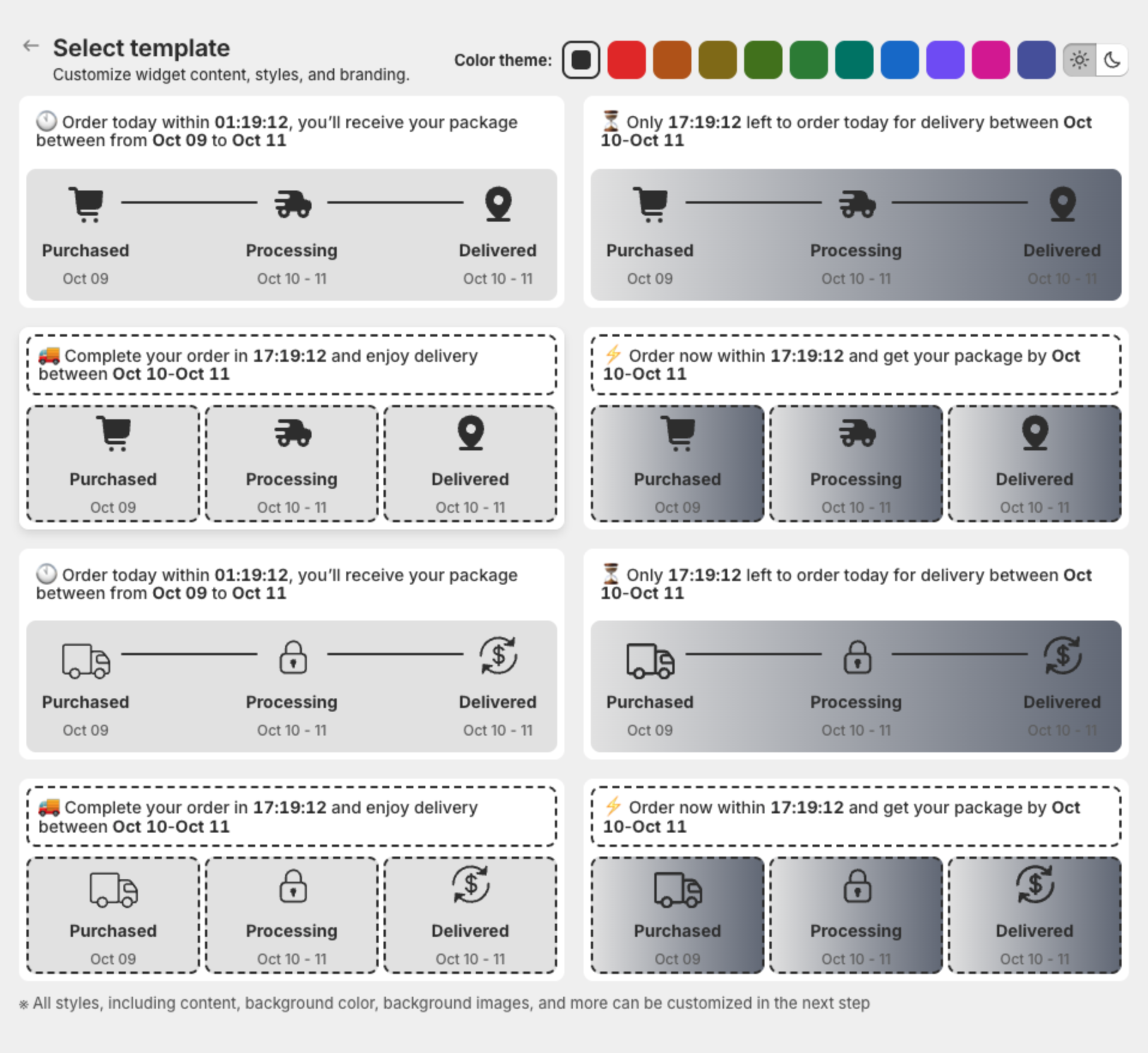 Select template page with eight delivery estimate templates