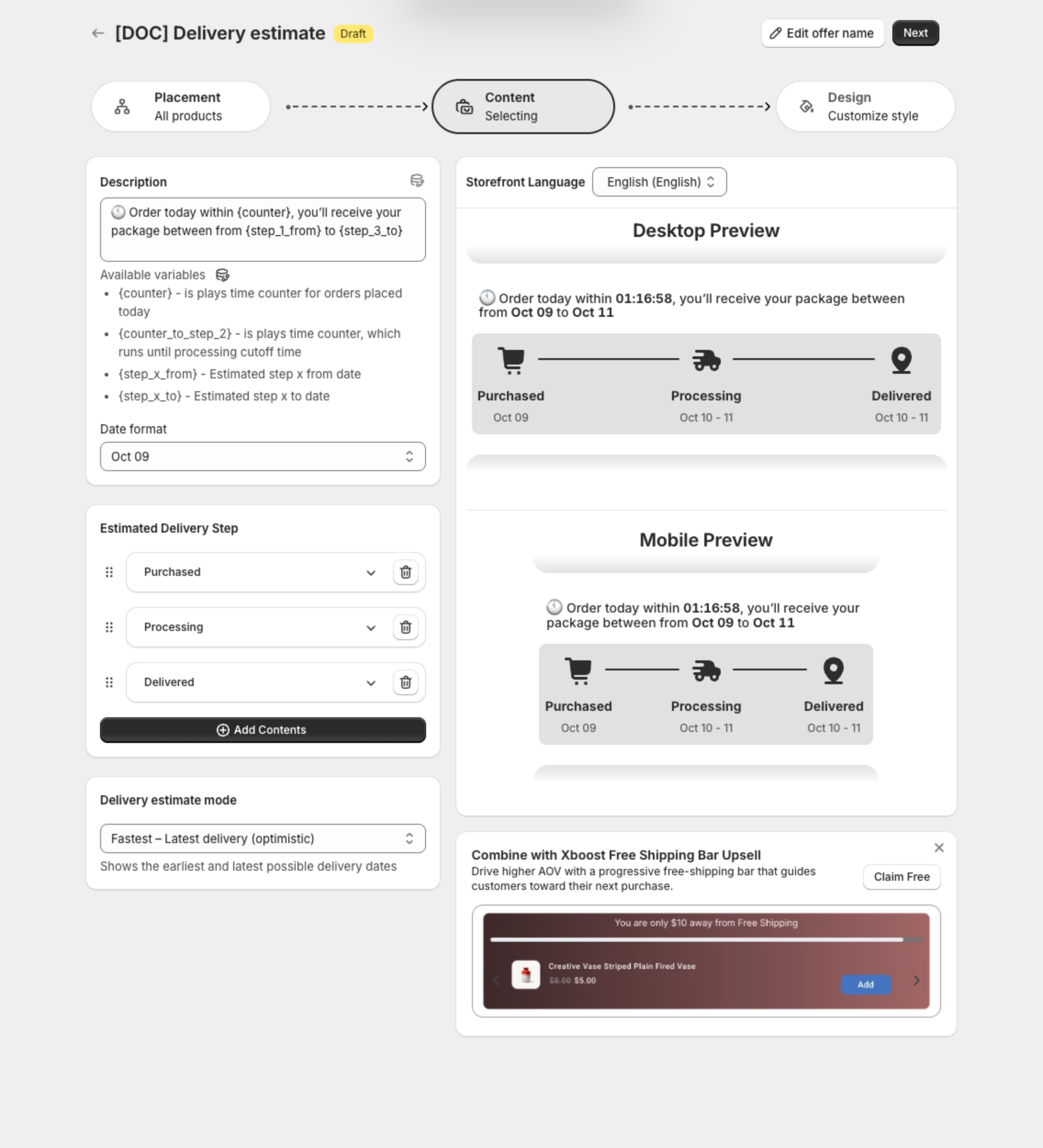 Content step with the description, the delivery steps and the delivery estimate mode