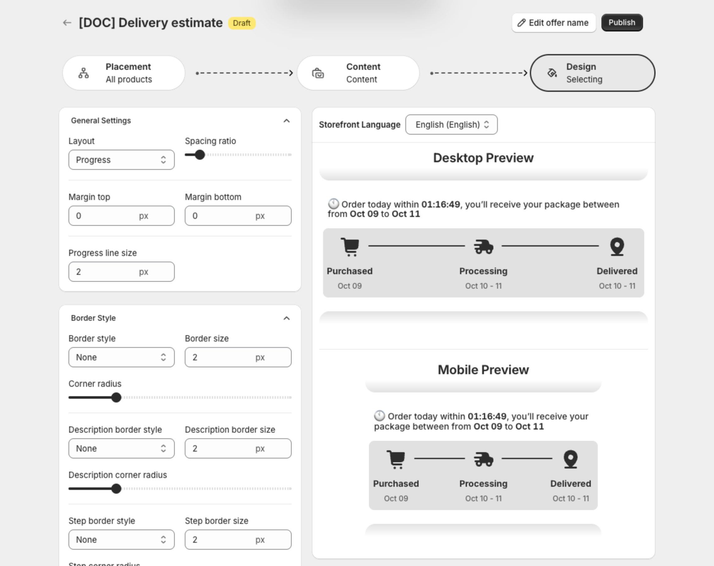 Design step with General Settings and the preview
