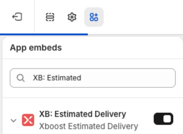 Theme editor App embeds panel with XB: Estimated Delivery turned on