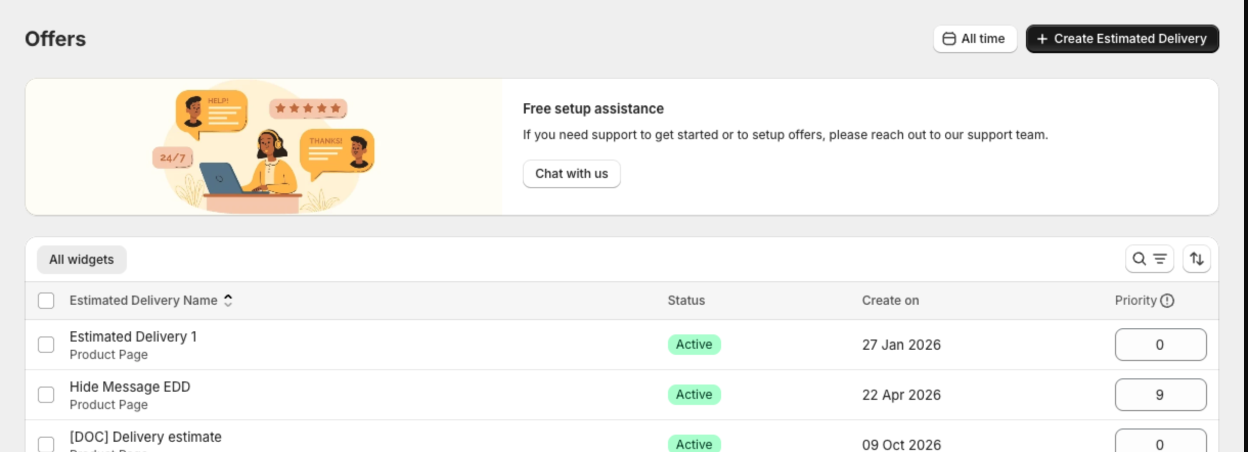 Estimated Delivery page with the list of estimates