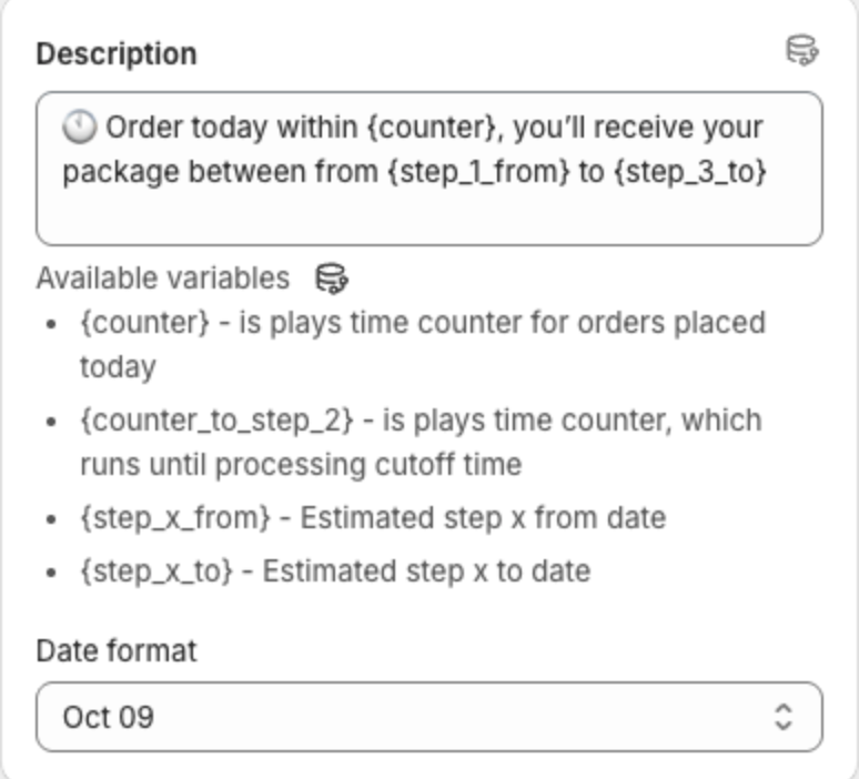 Description with the message, the available variables and Date format